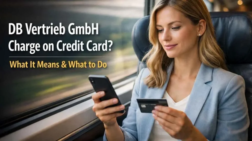 German woman checking DB Vertrieb GmbH charge on credit card while traveling on a train in Germany.