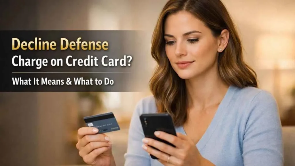 Woman checking decline defense charge on credit card using smartphone in a modern home setting