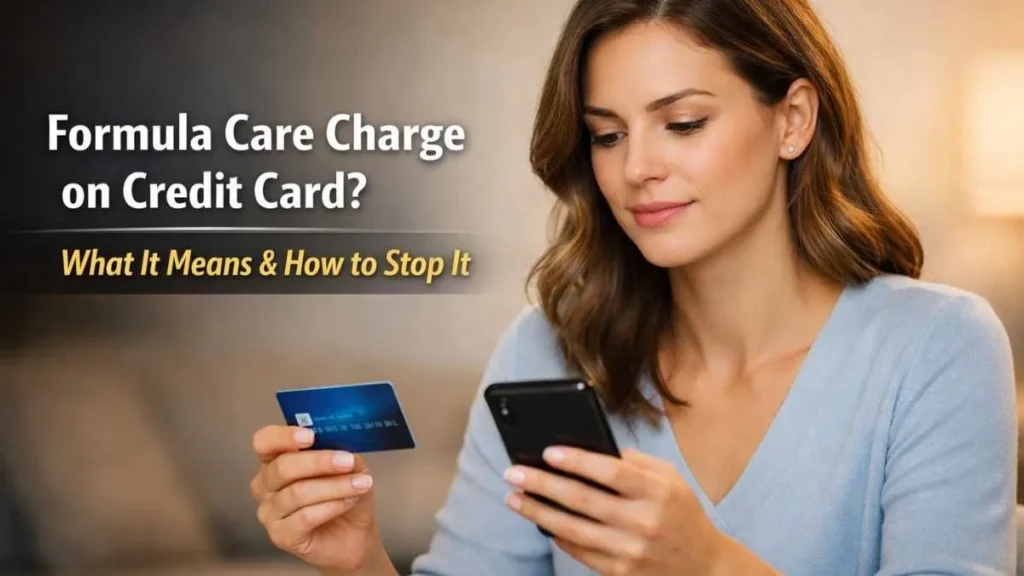 Woman checking Formula Care charge on credit card statement on smartphone – what it means and how to stop it