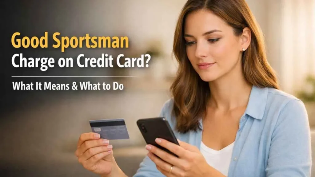Woman reviewing a Good Sportsman charge on credit card using smartphone, explaining what the charge means and how to verify it