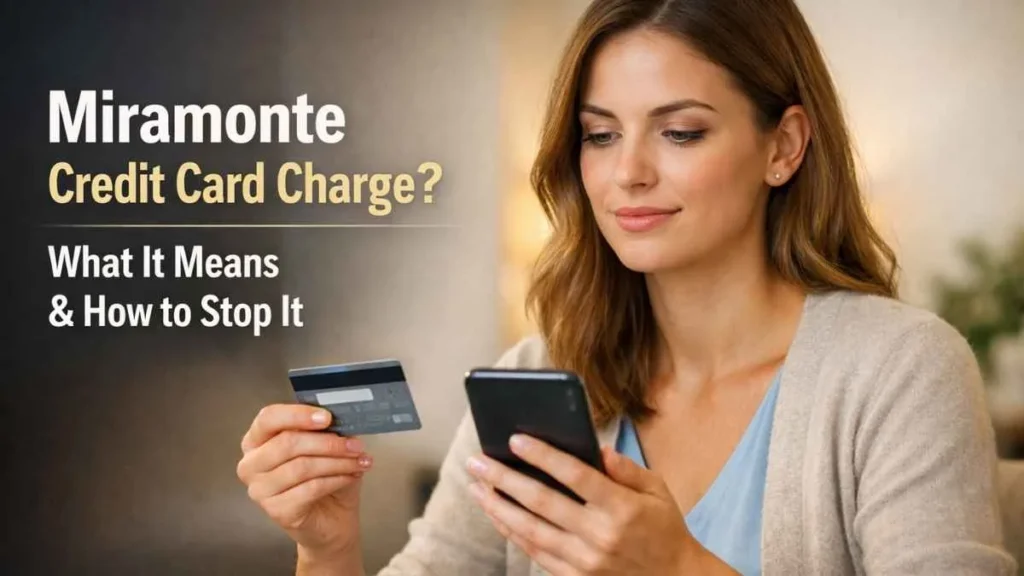 Woman checking Miramonte credit card charge on statement