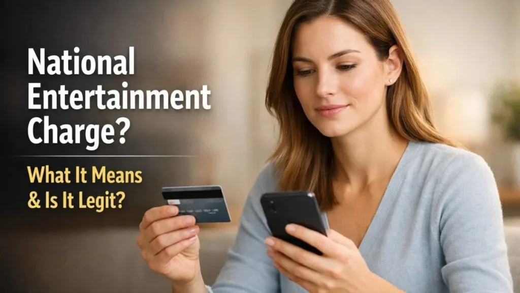 Woman checking national entertainment charge on credit card using smartphone to verify unknown transaction