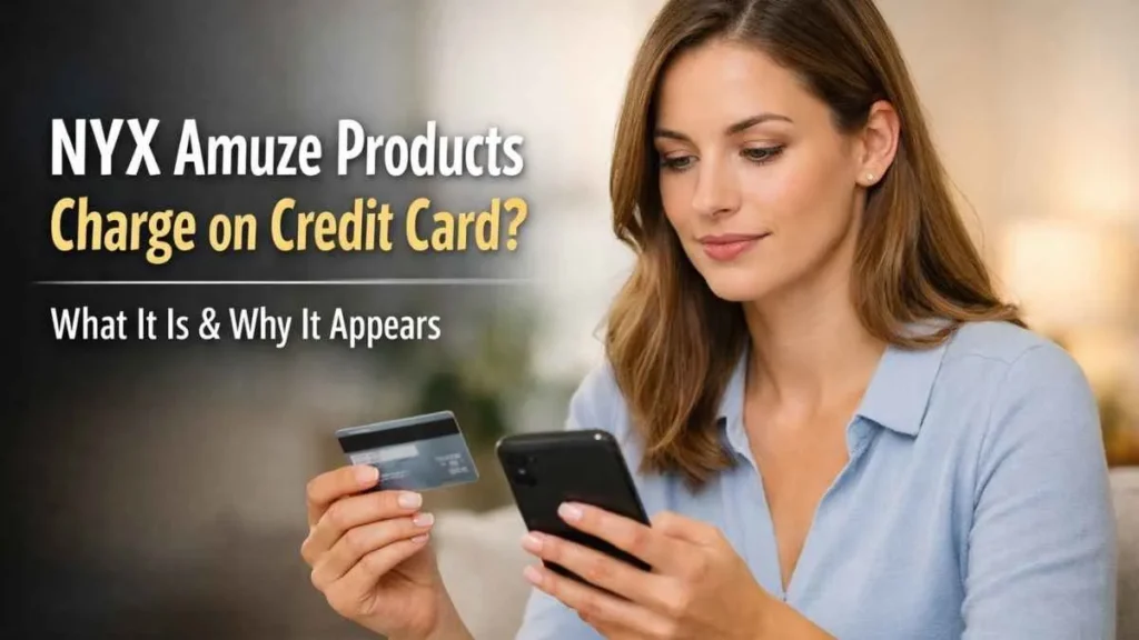 Woman reviewing a NYX Amuze Products charge on credit card using smartphone and card in a calm home setting