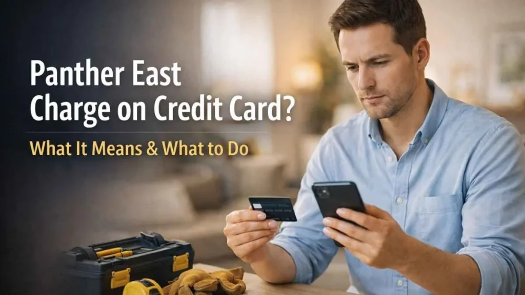 Man reviewing a Panther East charge on credit card while checking a suspicious construction tools transaction on his phone.