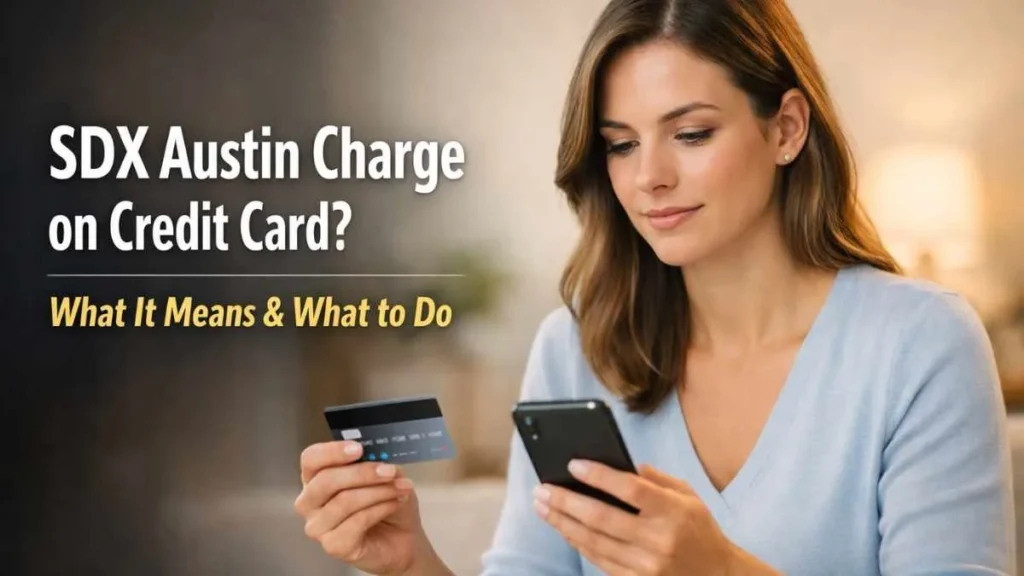 Woman checking SDX Austin charge on credit card using smartphone while reviewing an unfamiliar transaction