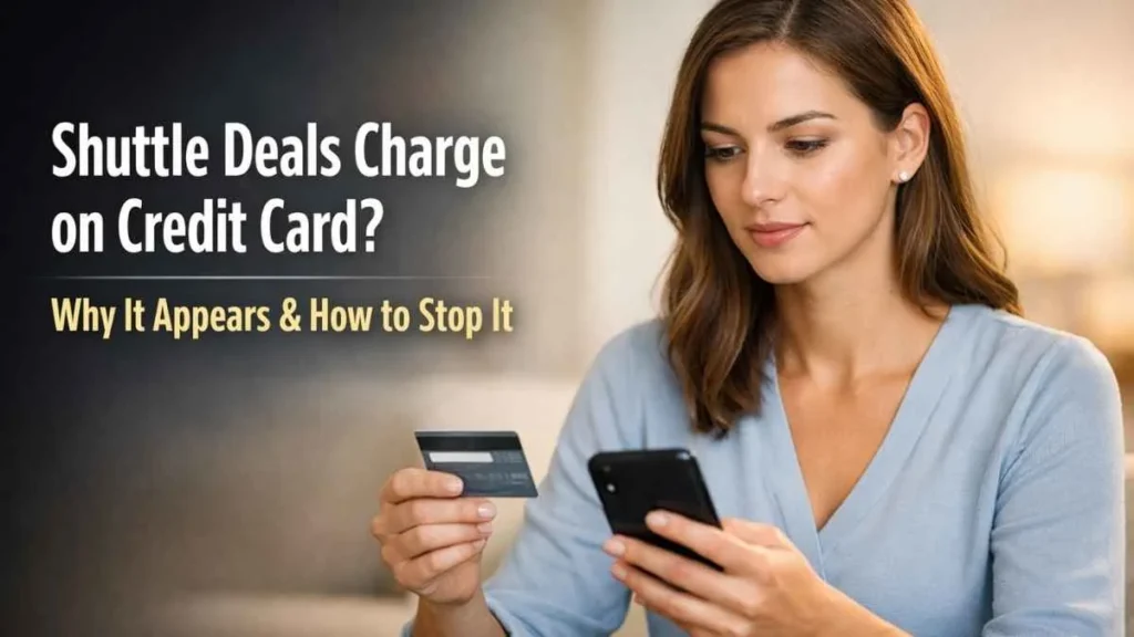 Woman checking a shuttle deals charge on credit card while reviewing transaction on her phone