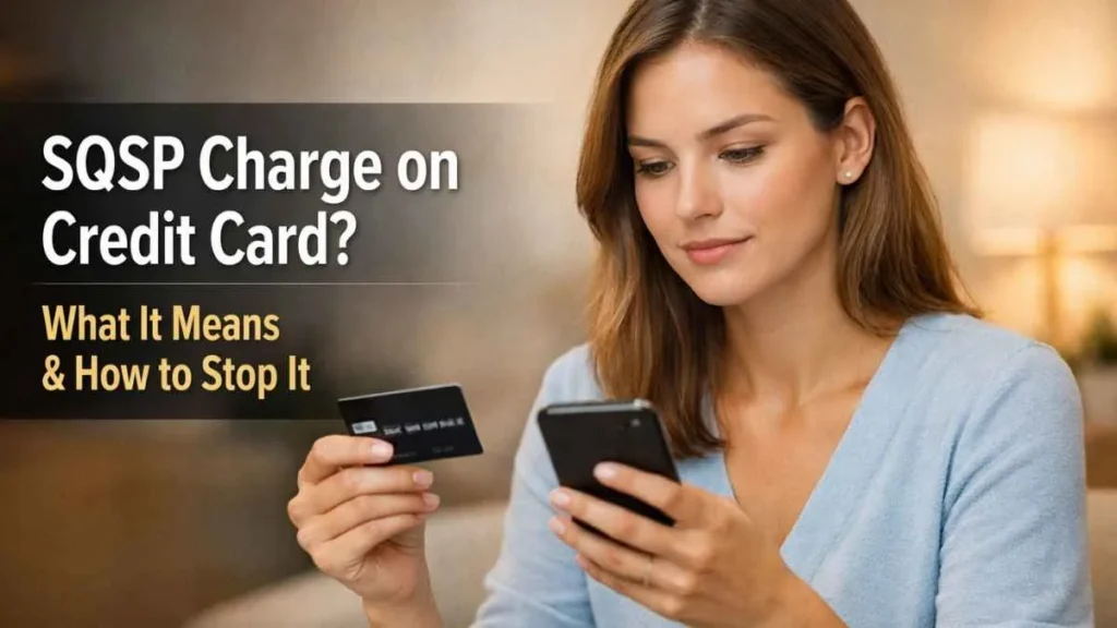 Woman reviewing SQSP charge on credit card statement on smartphone to understand what it means and how to stop it