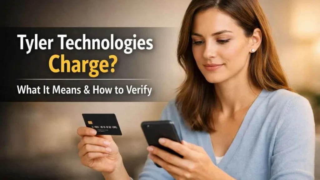 Woman checking Tyler Technologies charge on credit card using smartphone, explaining what it means and how to verify the charge