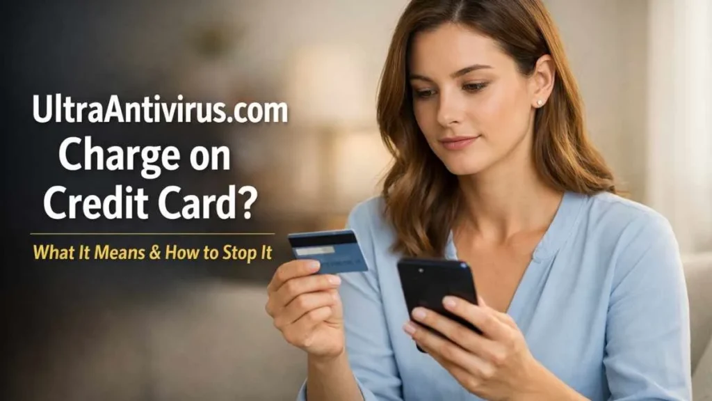 Woman checking credit card and phone after noticing ultraantivirus.com charge on credit card