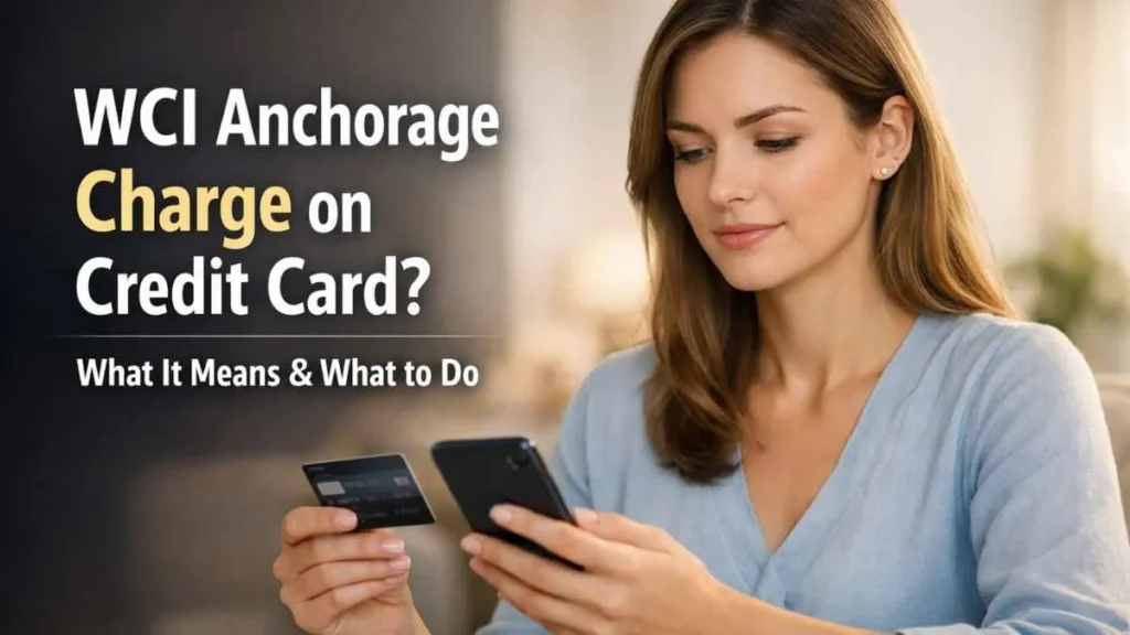 Woman reviewing WCI Anchorage credit card charge on smartphone and credit card