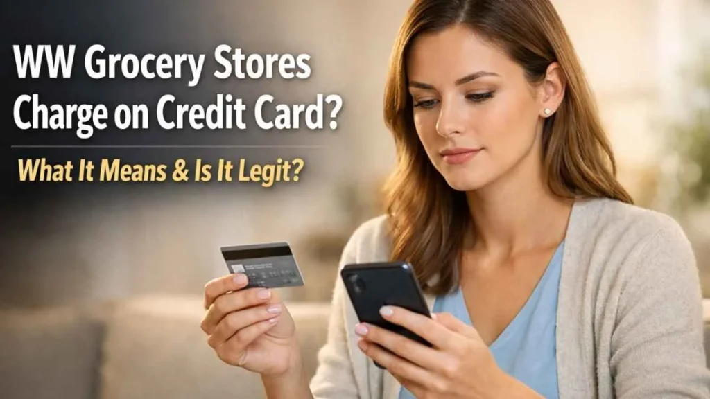 Woman checking WW Grocery Stores credit card charge on smartphone and credit card at home