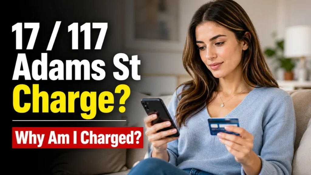 Woman checking 17 or 117 Adams St charge on credit card in USA, understanding unknown transaction calmly