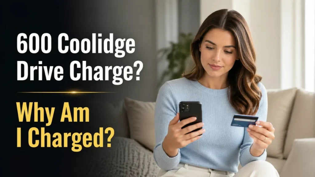 Confident woman checking 600 Coolidge Drive charge on credit card in USA, understanding unknown transaction calmly and safely