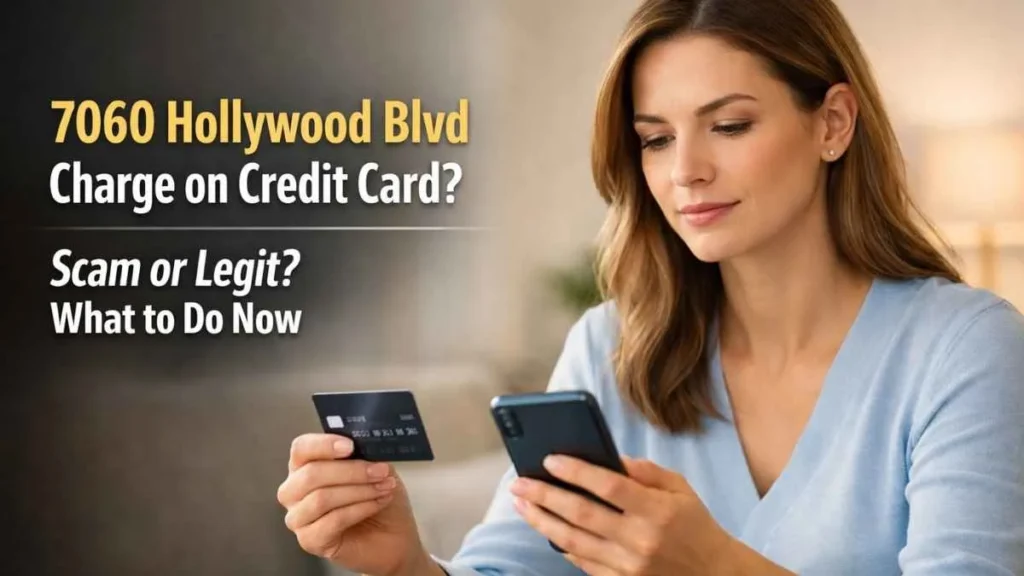 Confident woman reviewing 7060 Hollywood Blvd charge on credit card, explaining whether it is a scam or legitimate transaction
