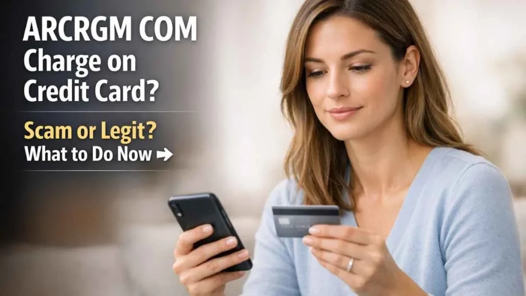 ARCRGM COM charge on credit card explained with a woman checking a suspicious transaction to understand if it is scam or legit