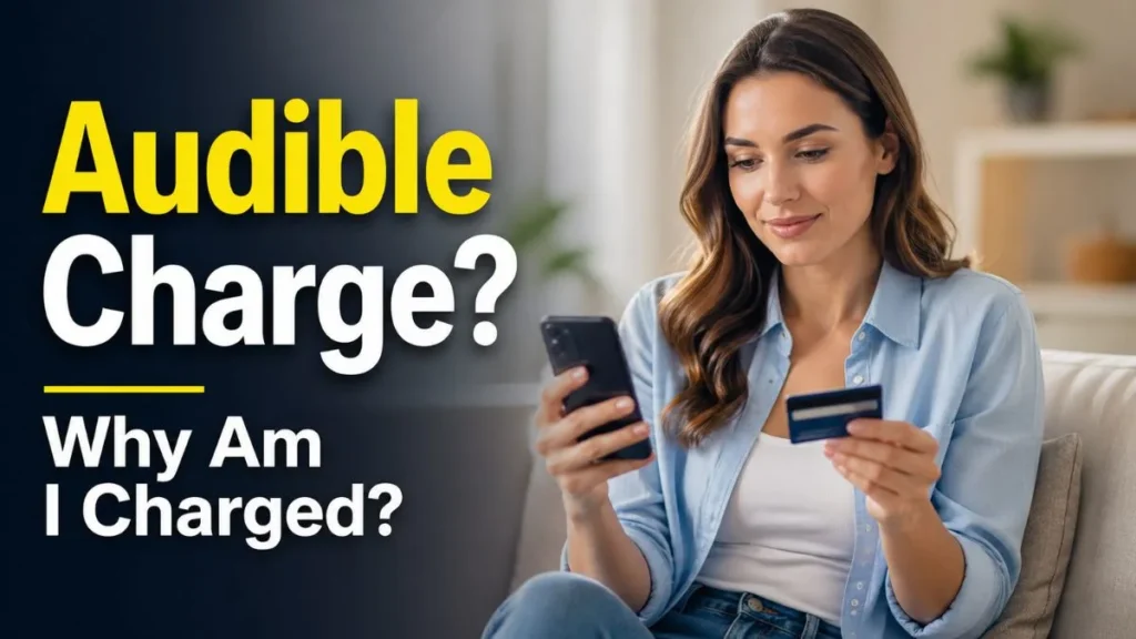 Audible charge on credit card explained with woman checking phone and card in USA, showing why Audible charged and how to fix it