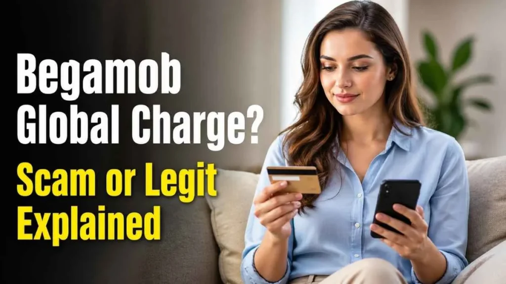 Begamob Global charge on credit card explained with woman checking transaction scam or legit