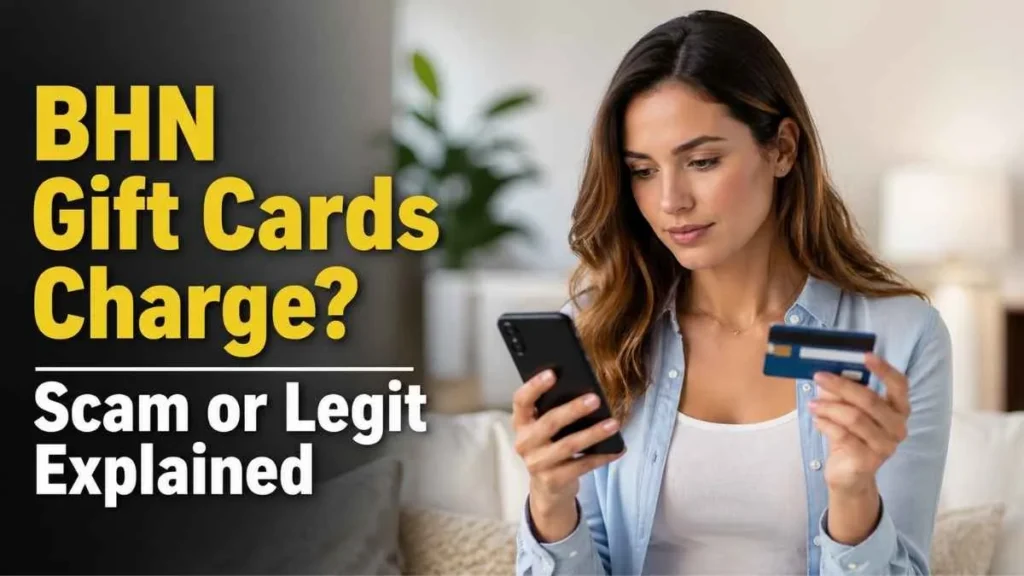 BHN gift cards charge on credit card explained – woman checking credit card and phone to verify transaction scam or legit