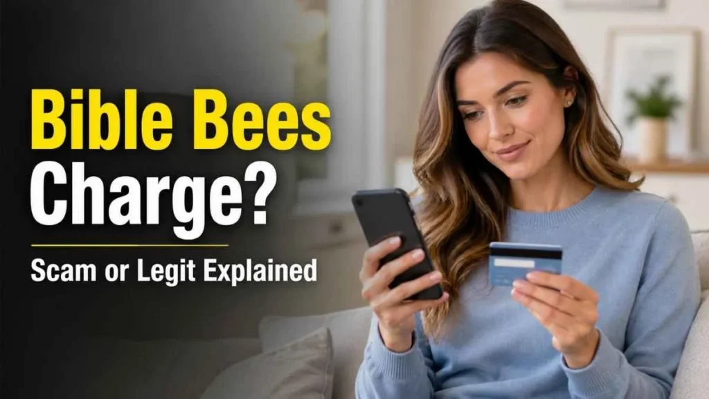 Woman reviewing Bible Bees credit card charge on phone and card, explaining if it is scam or legitimate transaction