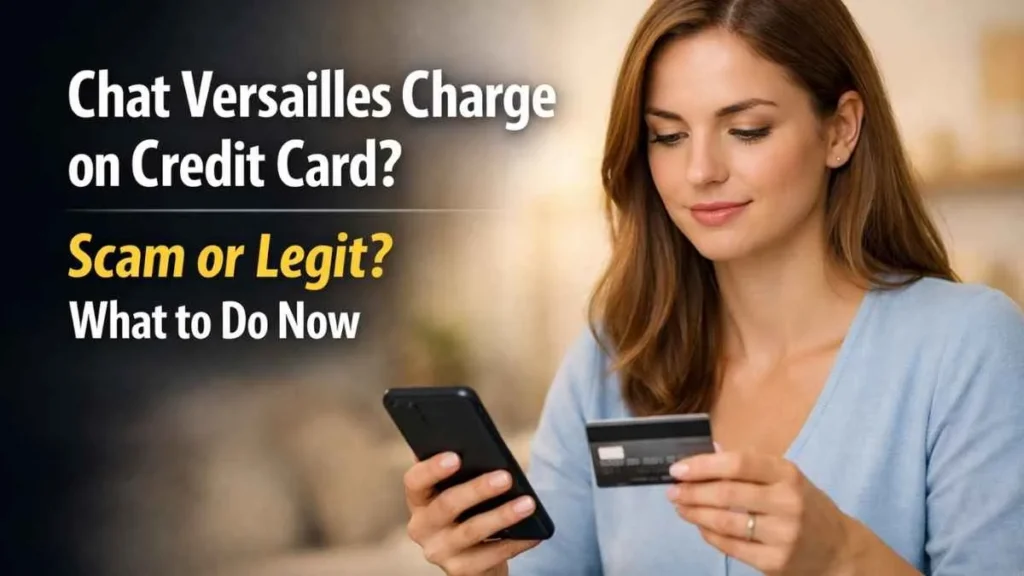 Chat Versailles credit card charge explanation showing woman checking suspicious transaction on credit card