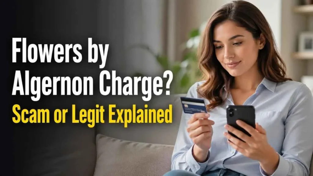 Flowers by algernon charge on credit card explained with woman checking bank transaction on smartphone and credit card