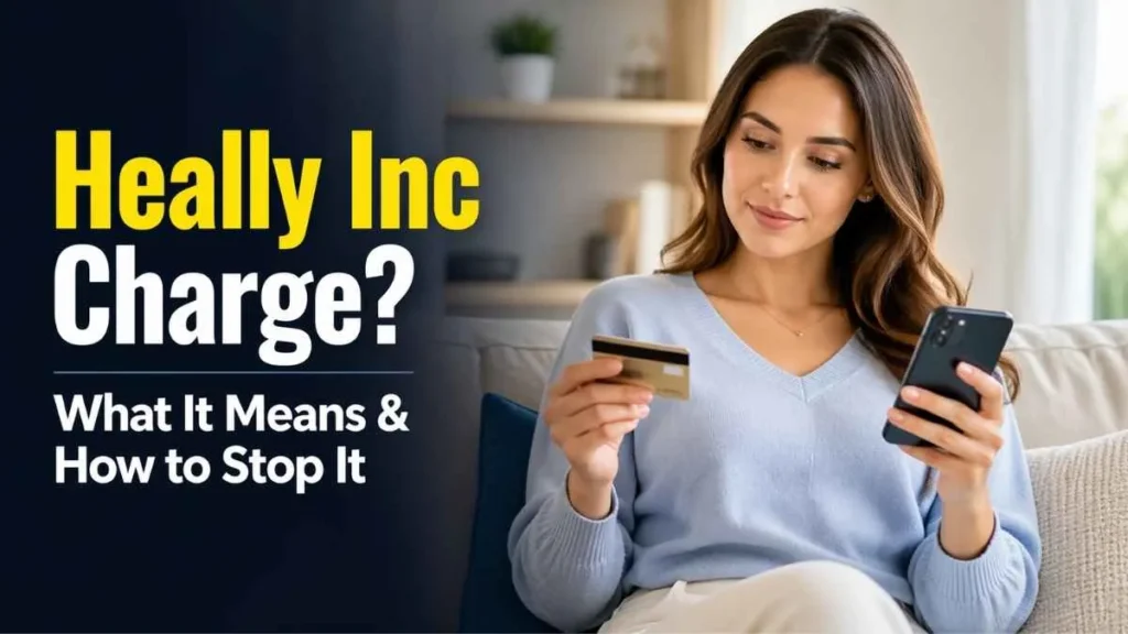 Heally Inc charge on credit card explained with woman checking credit card and phone for unauthorized transaction