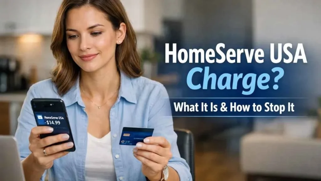 Woman checking HomeServe USA charge on credit card on smartphone at home with explanation of what it is and how to stop it