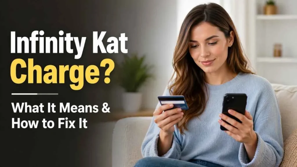 Infinity Kat charge on credit card explained with woman checking credit card and phone in calm home setting