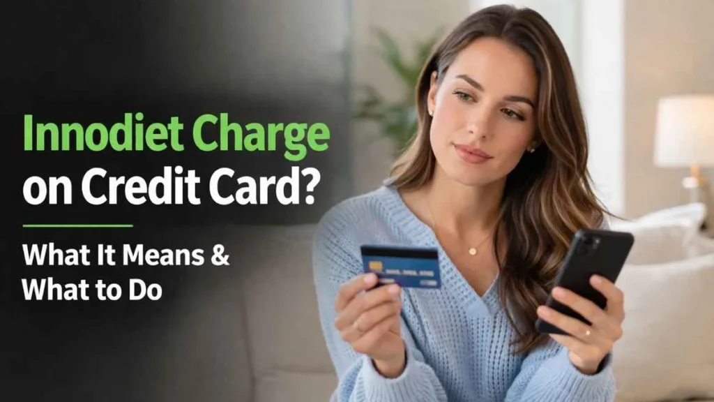 Innodiet charge on credit card explained with a woman checking her card and phone in a calm home setting