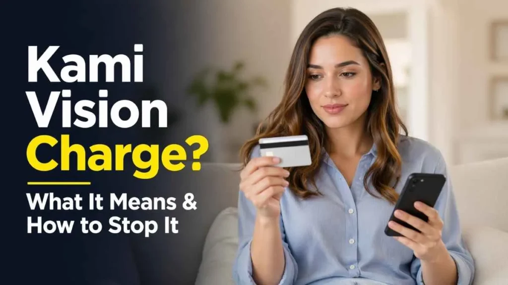 Kami Vision charge on credit card explained with woman checking credit card and phone, showing what it means and how to stop it
