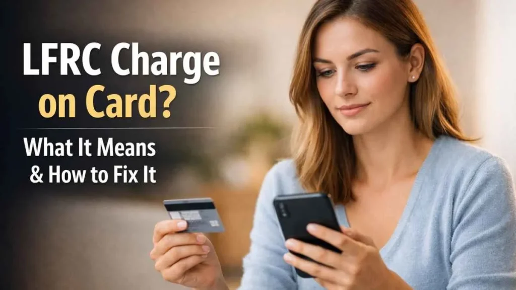 Woman checking LFRC charge on credit card using smartphone, explaining meaning and how to fix it