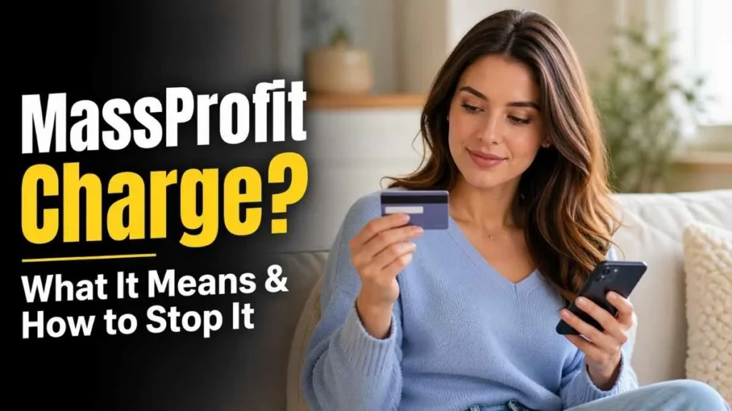 MassProfit charge on credit card explained with woman reviewing credit card and phone calmly in a modern home setting