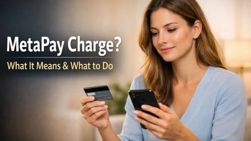 Woman checking metapay charge on credit card using phone, understanding what it means and how to fix it