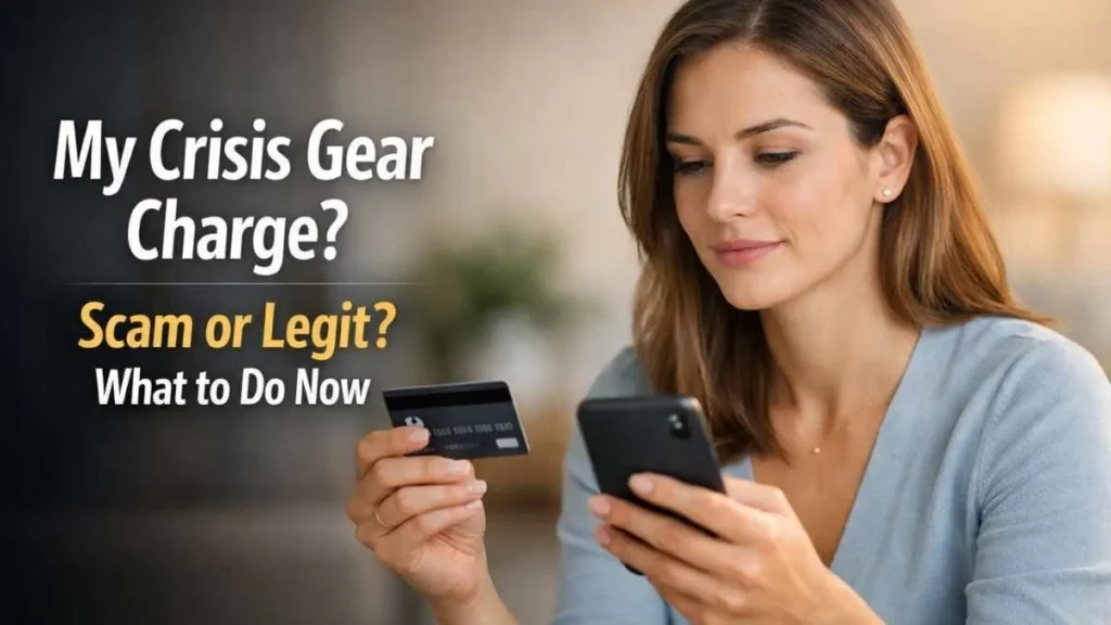 Woman checking my crisis gear charge on credit card using phone and card, explaining scam or legit transaction
