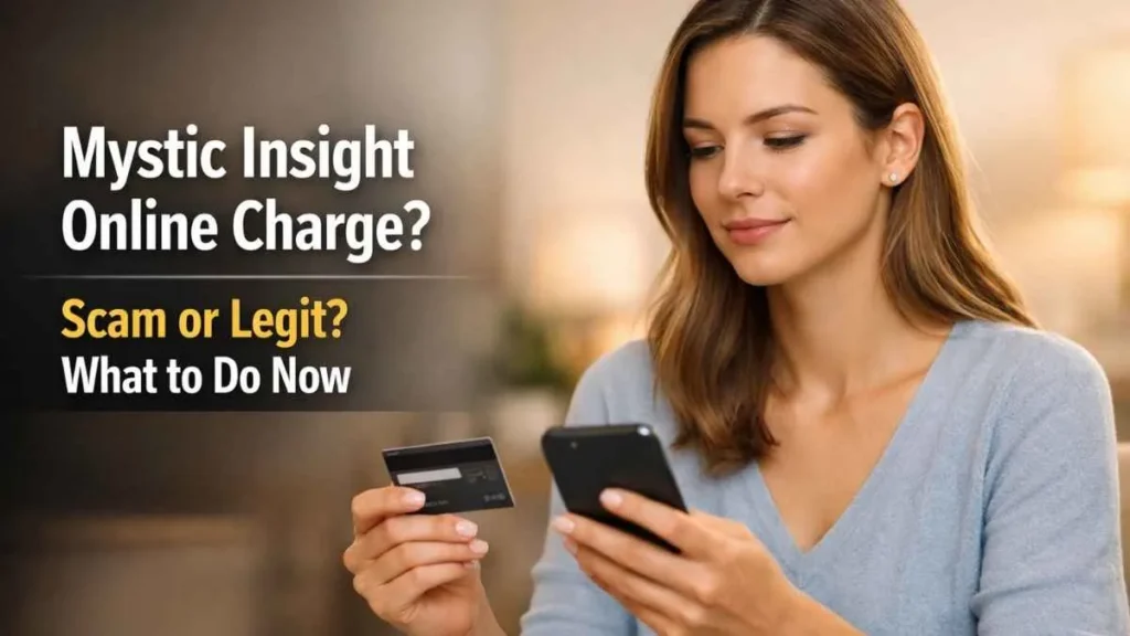 Woman checking mystic insight online charge on credit card using phone and card in USA