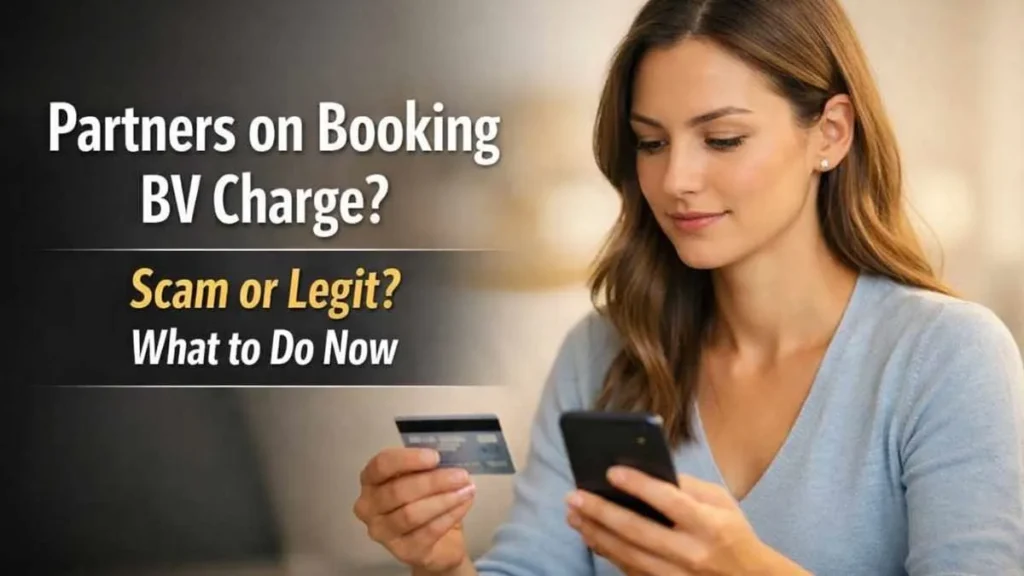 Confident woman checking Partners on Booking BV credit card charge on smartphone at home in calm setting