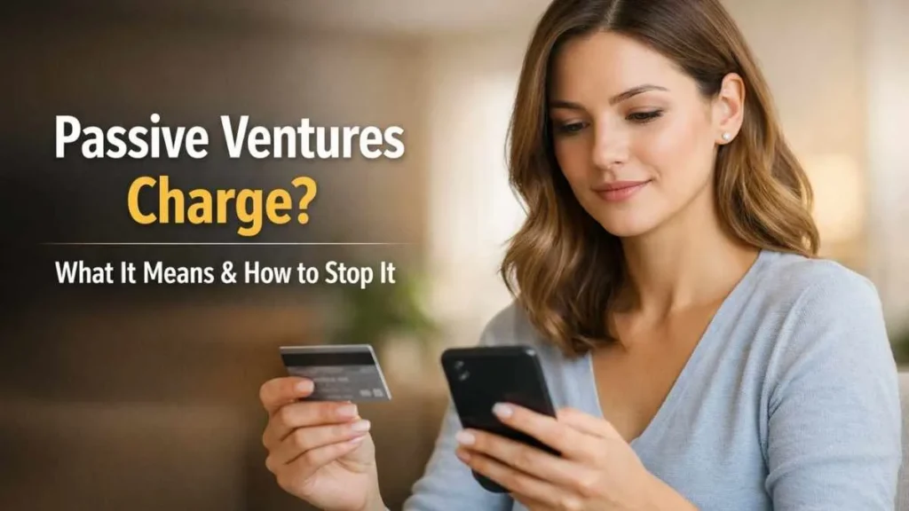 Woman reviewing passive ventures credit card charge on smartphone and card, understanding what it means and how to stop it
