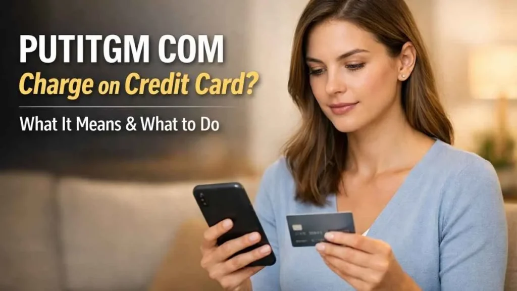 Woman checking putitgm com charge on credit card and reviewing unknown transaction on smartphone