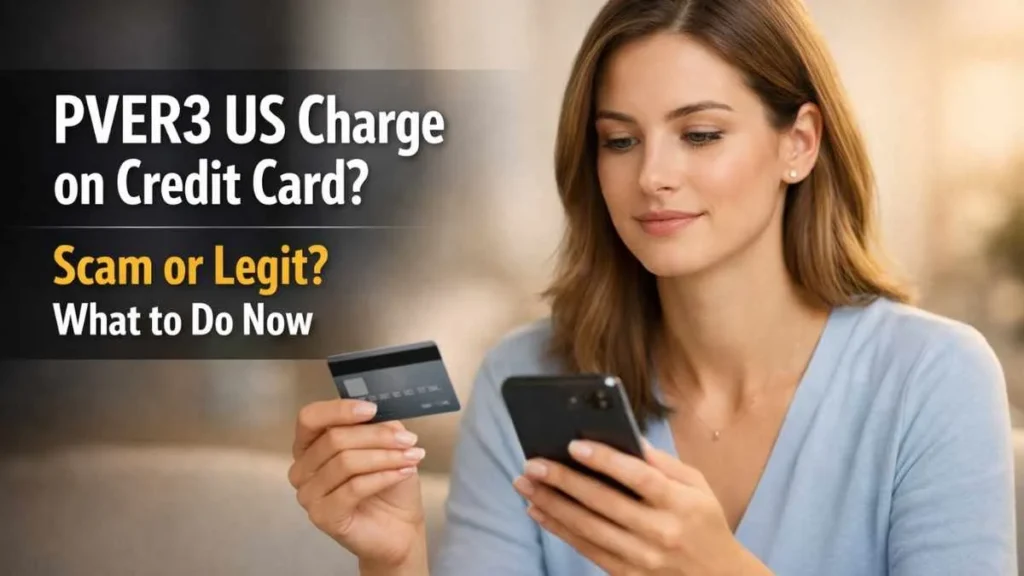 Confident woman reviewing PVER3 US charge on credit card while checking phone, explaining if it is a scam or legit