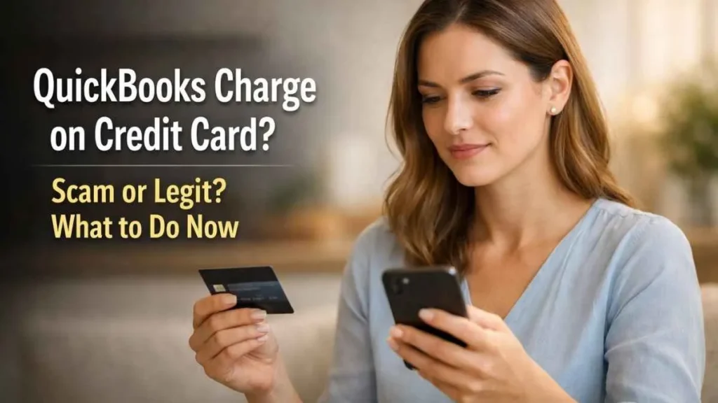 Woman reviewing QuickBooks charge on credit card to understand fees, legitimacy, and billing details in the USA