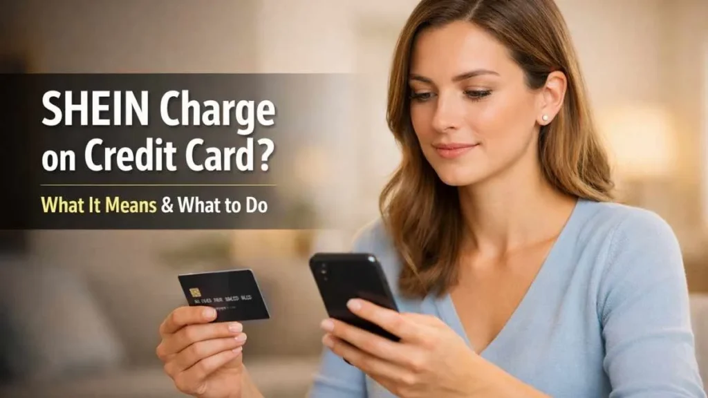 Woman checking SHEIN US SERVICES LLC charge on credit card and phone, understanding if the charge is legit or fraud