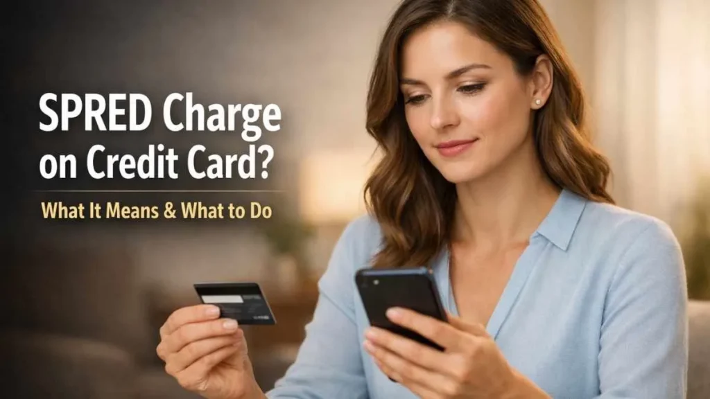 SPRED charge on credit card explained woman checking unknown credit card transaction calmly on smartphone