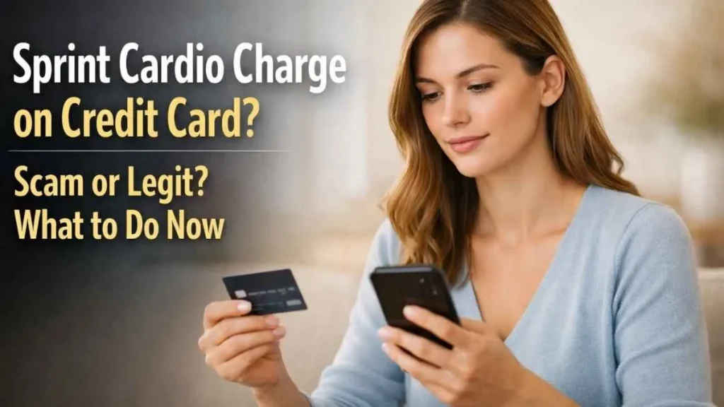 Sprint cardio charge on credit card scam or legit woman checking unknown charge on smartphone and card