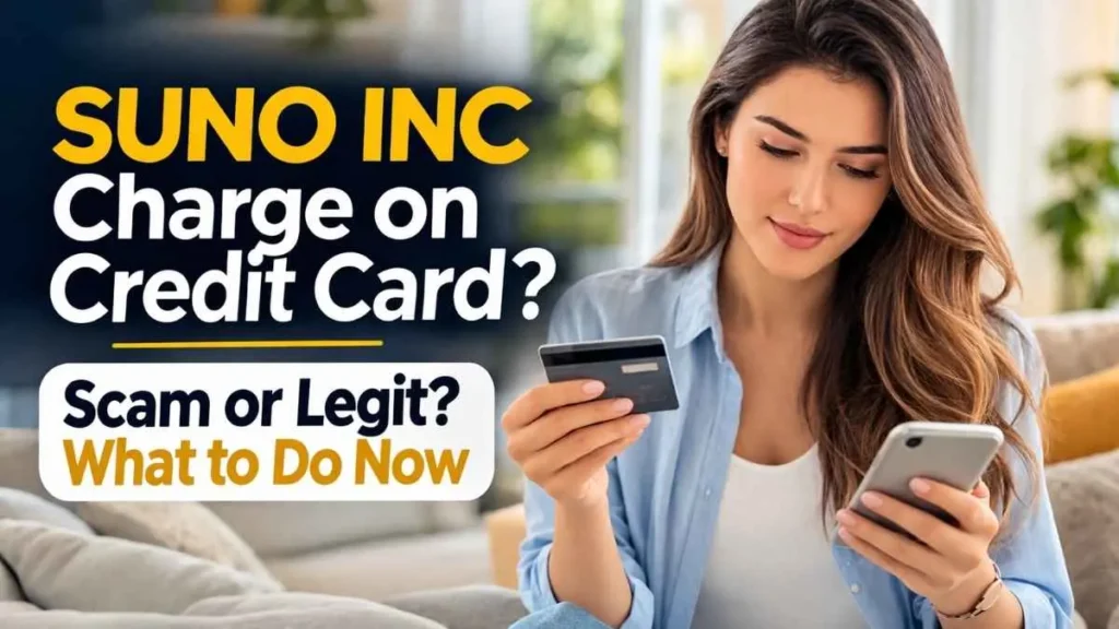 Woman checking SUNO INC charge on credit card using smartphone in a modern home, explaining if it is scam or legit