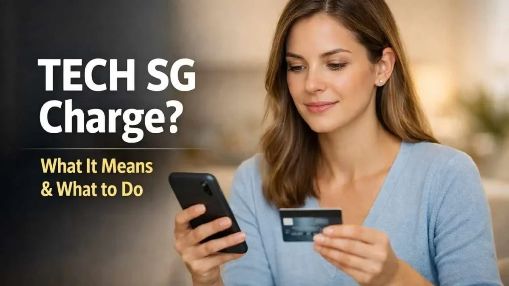 Woman checking TECH SG charge on credit card using smartphone, explaining what it means and how to fix unknown charges