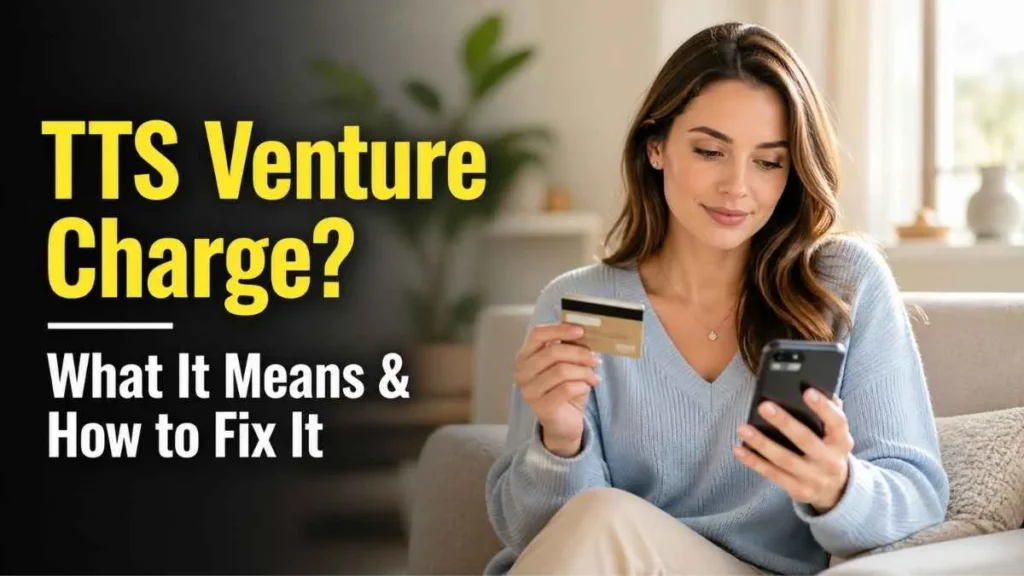 TTS Venture charge on credit card explained with woman reviewing transaction on phone and card in a calm home setting