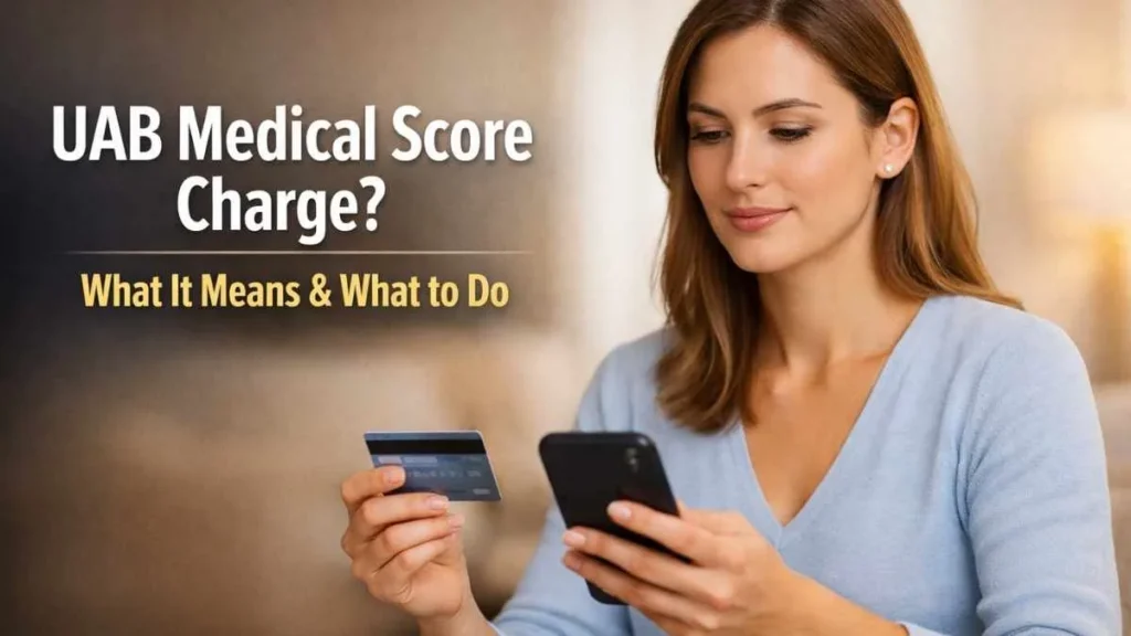 Confident woman checking UAB Medical Score charge on credit card using smartphone, explaining unknown charge and subscription issue