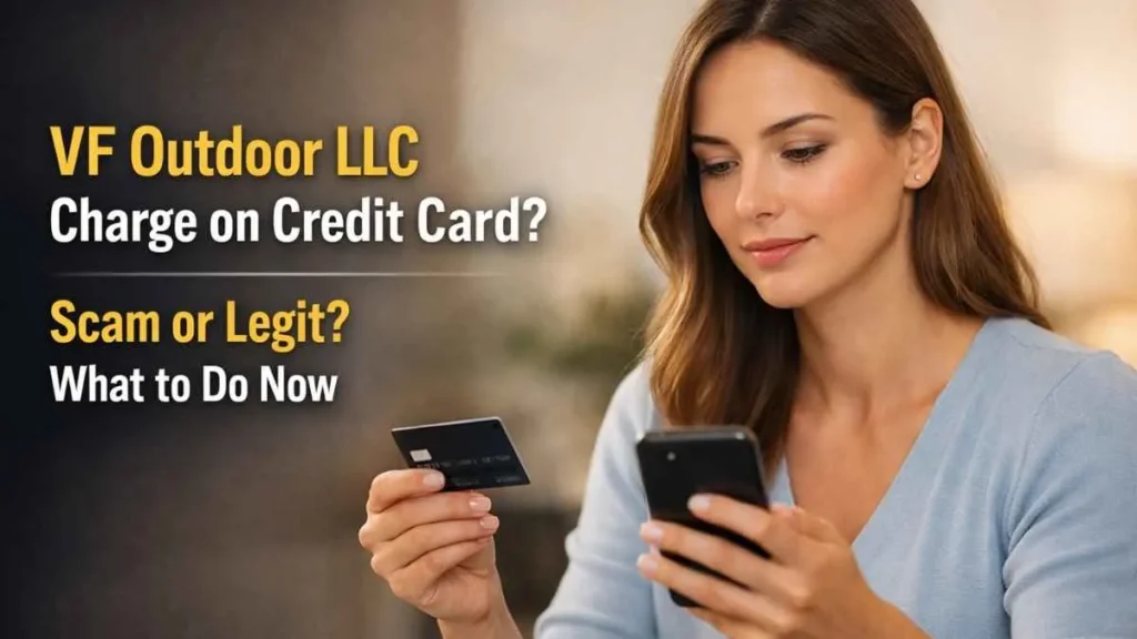 Confident woman checking VF Outdoor LLC charge on credit card using smartphone, explaining if the charge is legit or scam in the USA
