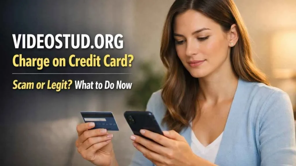 Woman checking VIDEOSTUD.ORG charge on credit card using smartphone – scam or legit explanation guide