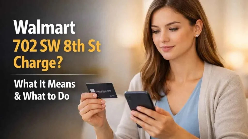 Woman checking Walmart 702 SW 8th St charge on credit card using smartphone in a calm home setting